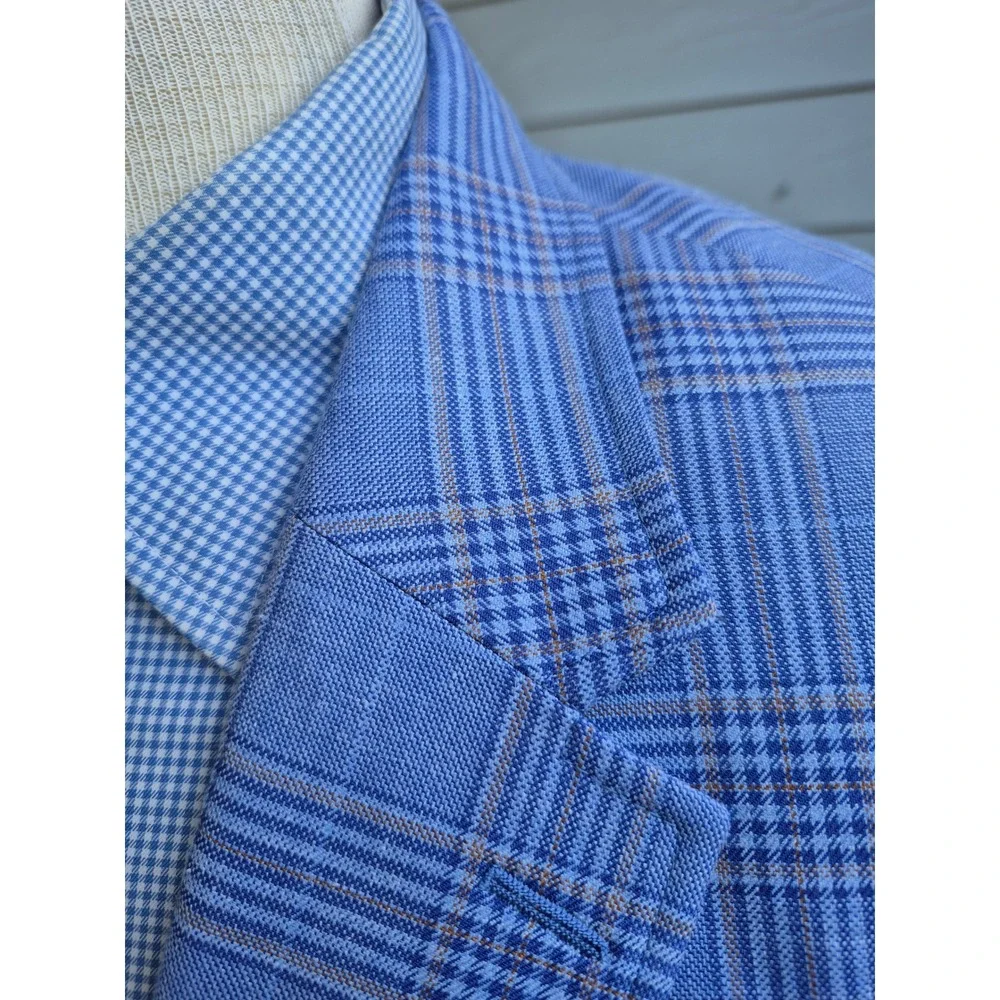UNTUCKit Vasquez Blue Plaid Wool Silk Linen Sport Coat Blazer 48R Reda‎ Fabric
